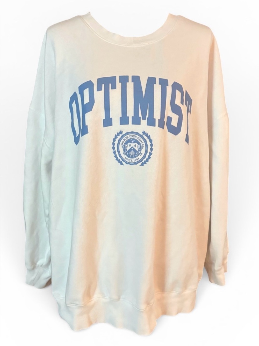 Old Navy Crewneck Sweatshirt with Blue OPTIMIST Graphic